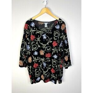 Catherines Womens V-Neck Velour Embroidery Floral Plus Size 3X Shirt Velvet